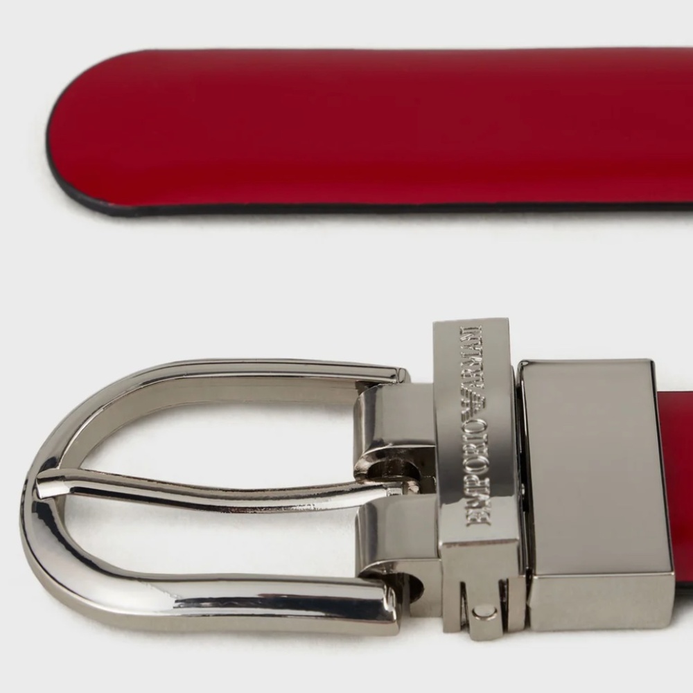Emporio Armani Red Brushed Leather / Black Reversible Belt with Silver Buckle